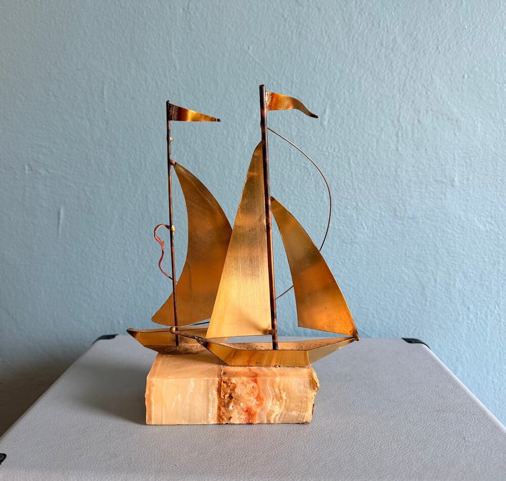 Vintage 1970s Brass Sailboat Sculpture - 9" Brutalist Metal Wire Onyx Base